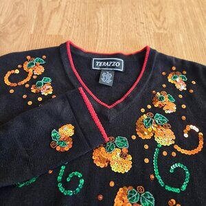 Vintage Pumpkin Sequin Sweater Black Fall Halloween‎ V-Neck M
